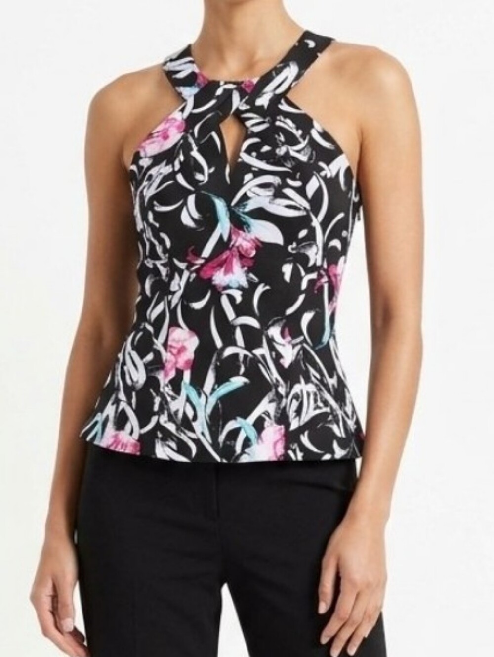 White House Black Market WHBM Pink Floral Halter Top Women's Keyhole Zip 00